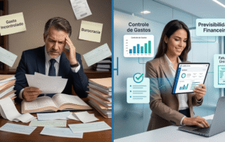 Comparativo de gestão jurídica: à esquerda, advogado sobrecarregado com burocracia e gastos incontrolados; à direita, advogada utiliza o Plano Business do Jurídico Certo para controle de gastos e fatura única